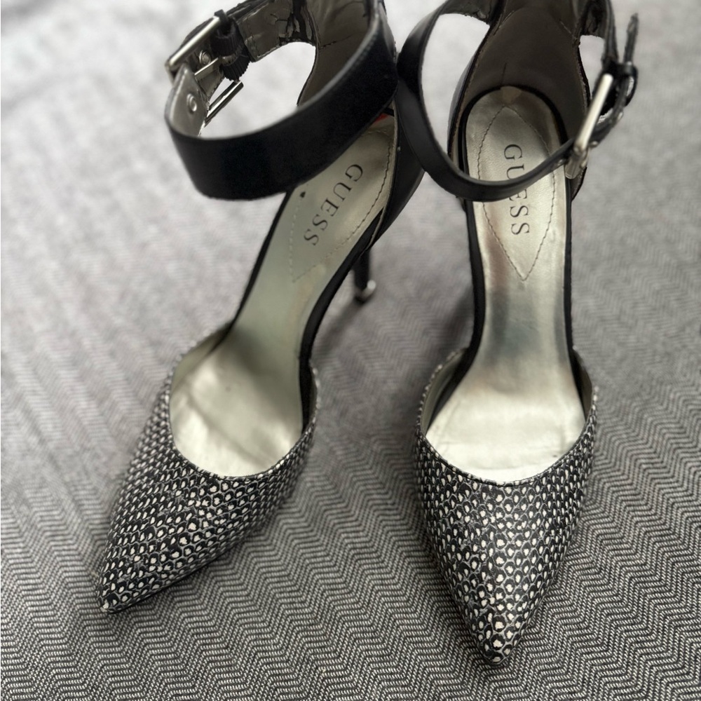 Guess Black and Silver Stiletto Heels with Ankle Strap